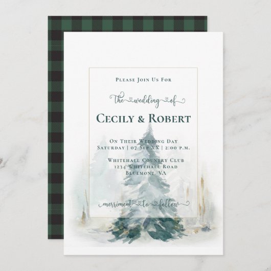 Winter Pine Tree en Buffalo Plaid Bruiloft Kaart (Voorkant / Achterkant)