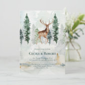 Winter Pine Tree Forest Deer Antlers Weddenschap Kaart (Staand voorkant)