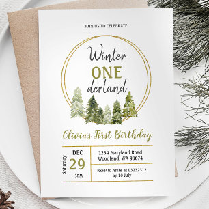 Winter Pine Tree ONEderland Verjaardag uitnodiging