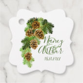 Winter Pine Tree & Pine Cones Weddenschap Bedankjes Labels (Voorkant)