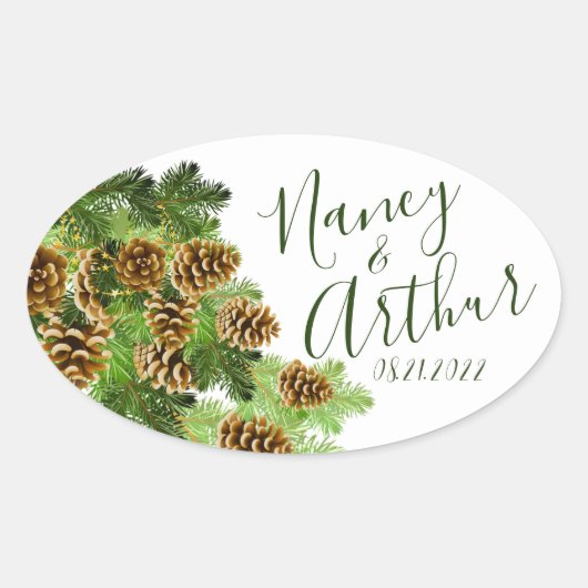 Winter Pine Tree & Pine Cones Weddenschap Ovale Sticker (Voorkant)