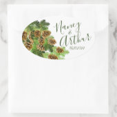 Winter Pine Tree & Pine Cones Weddenschap Ovale Sticker (Tas)