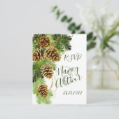 Winter Pine Tree & Pine Cones Wedding RSVP Kaart (Staand voorkant)