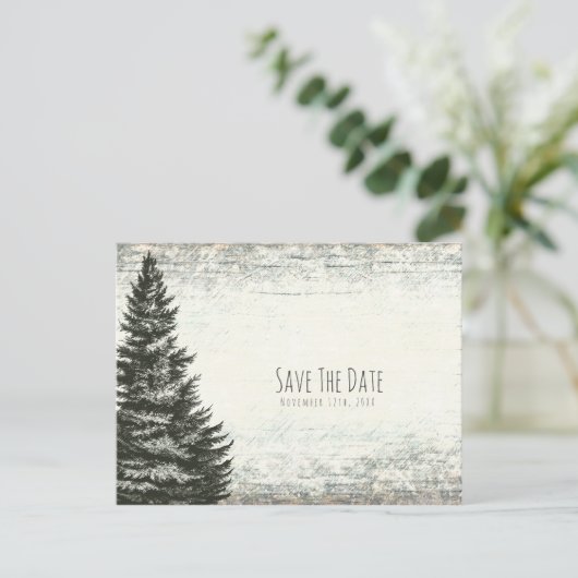 Winter Pine Tree Rustic Wood Save the Date Aankondigingskaart (Staand voorkant)