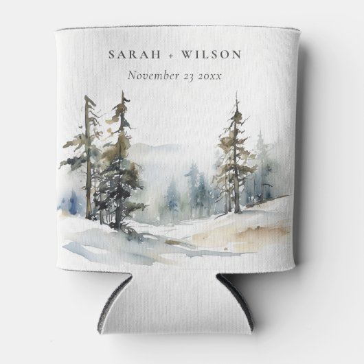 Winter Pine Tree Sneeuwlandschap Waterverf bruilof Blikjeskoeler (Voorkant)