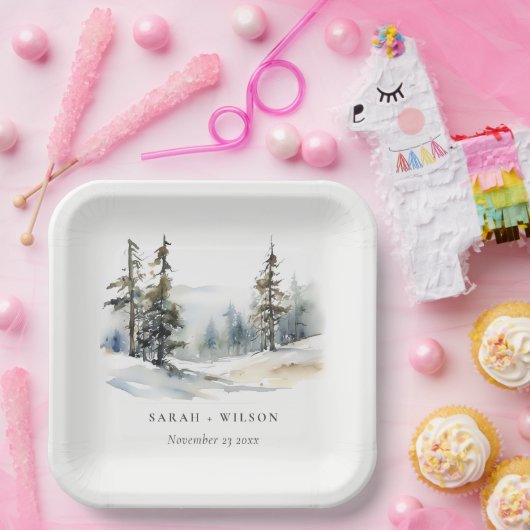 Winter Pine Tree Sneeuwlandschap Waterverf bruilof Papieren Bordje (Feest)