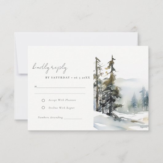 Winter Pine Tree Sneeuwlandschap Waterverf bruilof RSVP Kaartje (Voorkant)