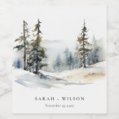 Winter Pine Tree Sneeuwlandschap Waterverf bruilof Wijn Etiket (Enkel label)