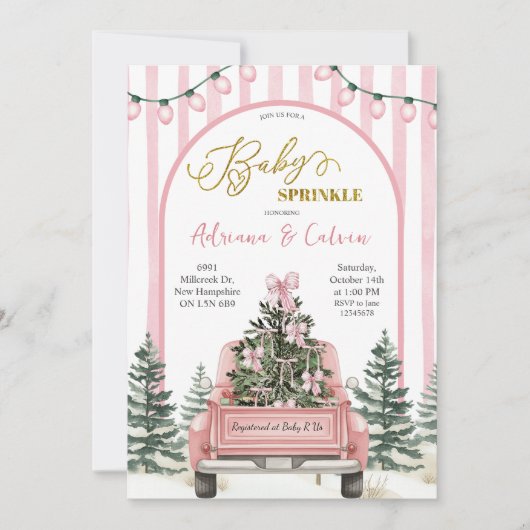 Winter Pine Trees Coquette Bow Pink Baby Sprinkle Kaart (Voorkant)