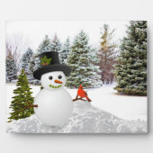 Winter Pine Trees Snowman en Kardinaal Bird Fotoplaat (Voorkant)