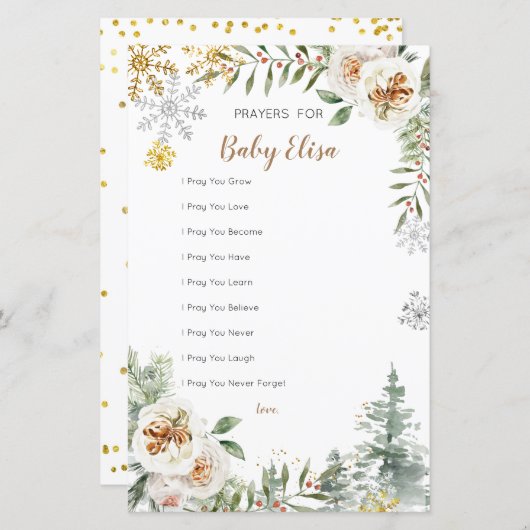 Winter Pine Trees White Floral Prayers for Baby (Voorkant / Achterkant)