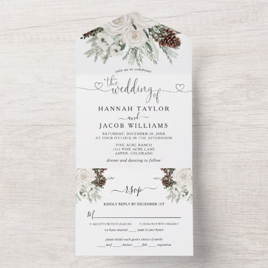 Winter Pine Wedding met RSVP All In One Uitnodiging (Binnen)