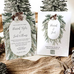 Winter Pine Witte Bloemen Bruiloft met QR Code RSV Kaart