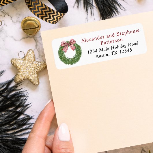 Winter Pine Wreath Stripes Red Bow Christmas Etiket