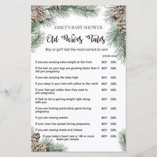 Winter Pinecone Baby shower Game met Antwoord (Voorkant)