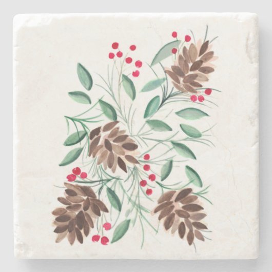 Winter Pinecones Waterverf Stone Onderzetter (Voorkant)