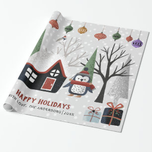 Winter pinguïn, bomen en huis Kerstvakantie Cadeaupapier