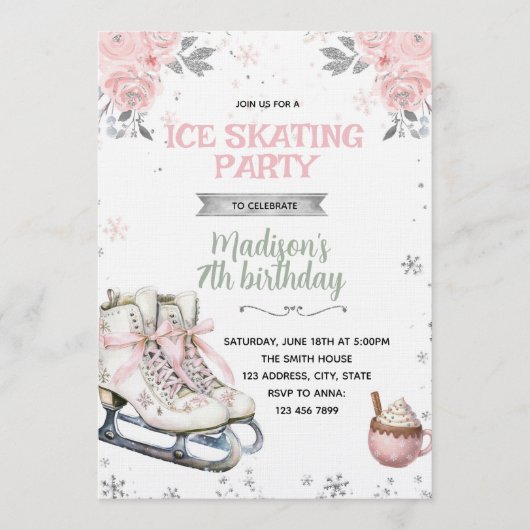 Winter Pink and Silver Skating invitation (Devant)