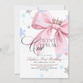 Winter Pink Bow 1st Birthday Party Kaart (Voorkant)