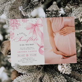 Winter Pink Bow Snowflakes Baby Shower Photo Kaart