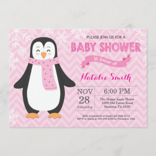 Winter Pink Penguin Girl Baby shower Kaart