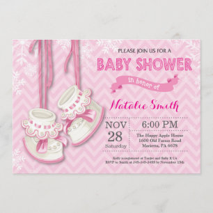 Winter Pink Shoes Girl Baby shower Invitation Kaart
