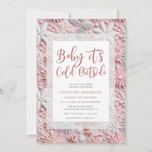 Winter Pink Silver Snowflake Baby shower Kaart (Voorkant)