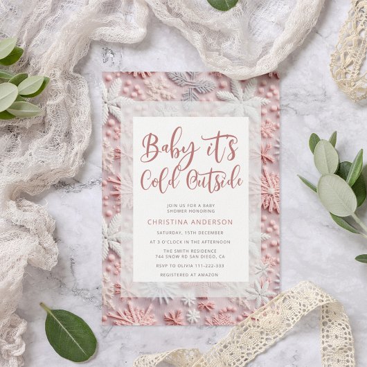 Winter Pink Silver Snowflake Baby shower Kaart