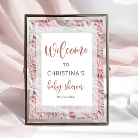 Winter Pink Silver Snowflakes Baby Shower Welcome Poster