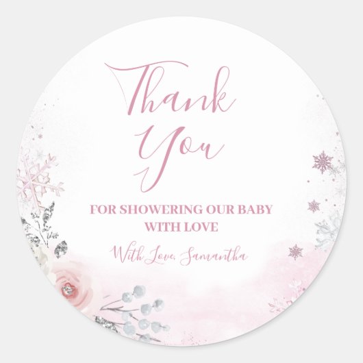 Winter Pink Snowflake Sleigh Baby Shower Thank You Ronde Sticker (Voorkant)