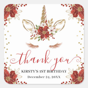 Winter Poinsettia Eenhoorn Kinderverjaardag Vierkante Sticker