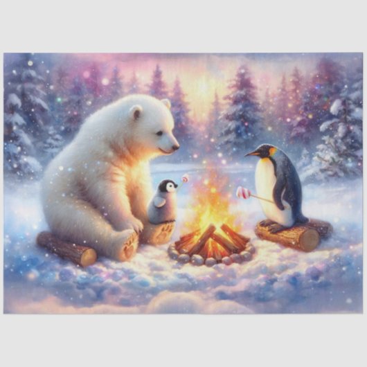 Winter Polar Beer & Penguins Kampvuur Decoupage Tissuepapier (Voorkant)