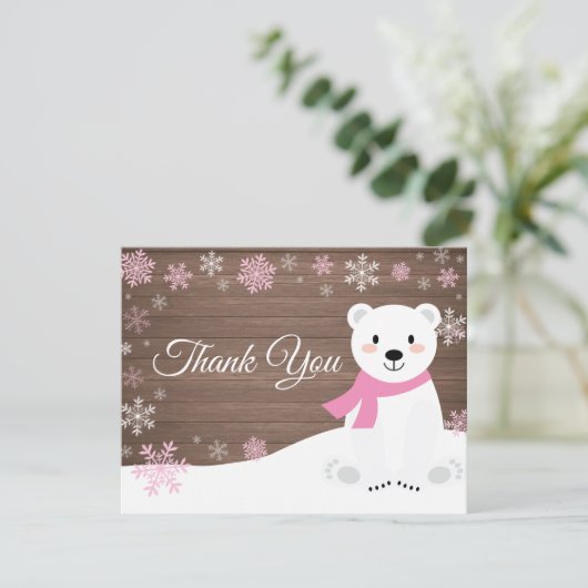 Winter Polar Beer Snowflake Roze Hartelijk dank Bedankkaart (Staand voorkant)