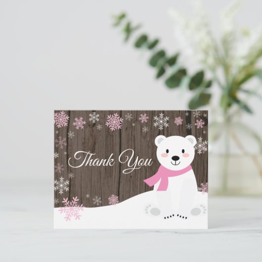 Winter Polar Beer Snowflake Roze Hartelijk dank Bedankkaart (Staand voorkant)
