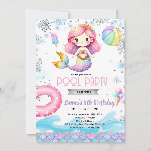 Winter pool mermaid party invitation (Devant)