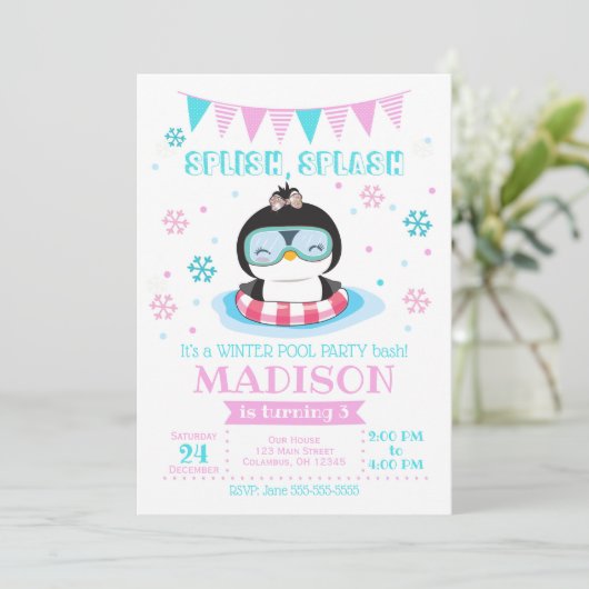 Winter Pool Party Invitation / Girl Penguin Invite Kaart (Staand voorkant)