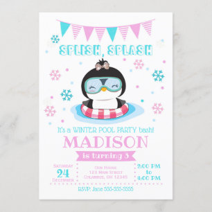 Winter Pool Party Invitation / Girl Penguin Invite Kaart