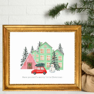winter Prettig kerstfeest cottage waterverf vintag Poster