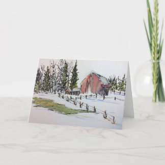 Winter Red Barn Waterverf Landschap Bedankkaart