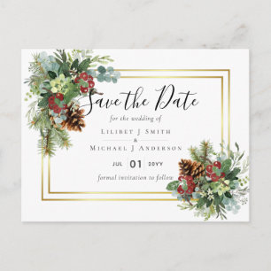 Winter Red Berries Pine Cones Wedding Briefkaart