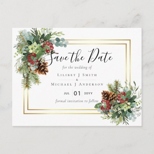 Winter Red Berries Pine Cones Wedding Briefkaart (Voorkant)