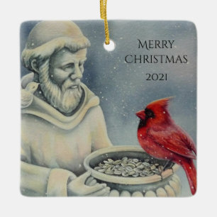 Winter Red Cardinaal Bird St Francis Waterverf Art Keramisch Ornament