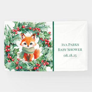 Winter Red Fox Green Berries Baby shower Welkom Spandoek