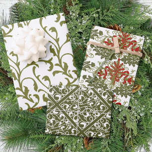 Winter Red Green Damask Traditional Kerstmis Inpakpapier Vel