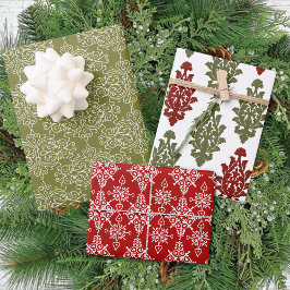 Winter Red Green Damask Traditional Kerstmis Inpakpapier Vel