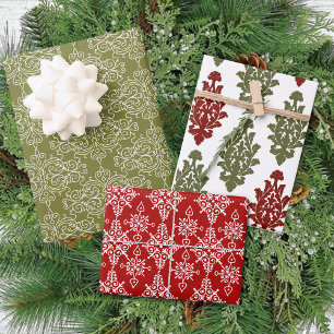 Winter Red Green Damask Traditional Kerstmis Inpakpapier Vel