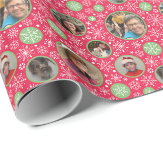 Winter Red Green Snowflake Aangepaste kerstfoto Cadeaupapier
