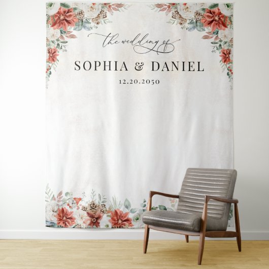 Winter Red Greenery Pinecone bruiloft achtergrond Wandkleed (In situ)