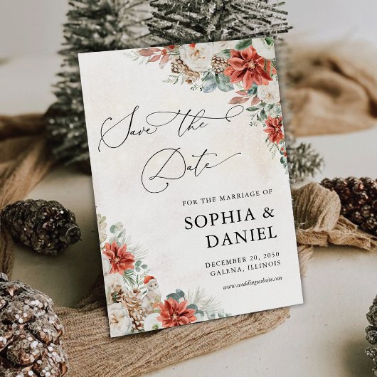 Winter Red Greenery Pinecone Save the Date Kaart