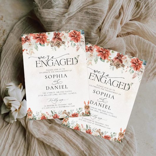 Winter Red Greenery Pinecone We zijn verloofd Kaart